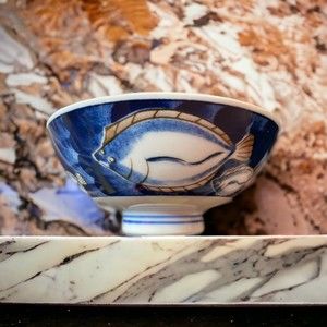 Set of 4 Rare VTG Chinese Blue and White Porcelain Fish Design 4.75" Rice Bowls